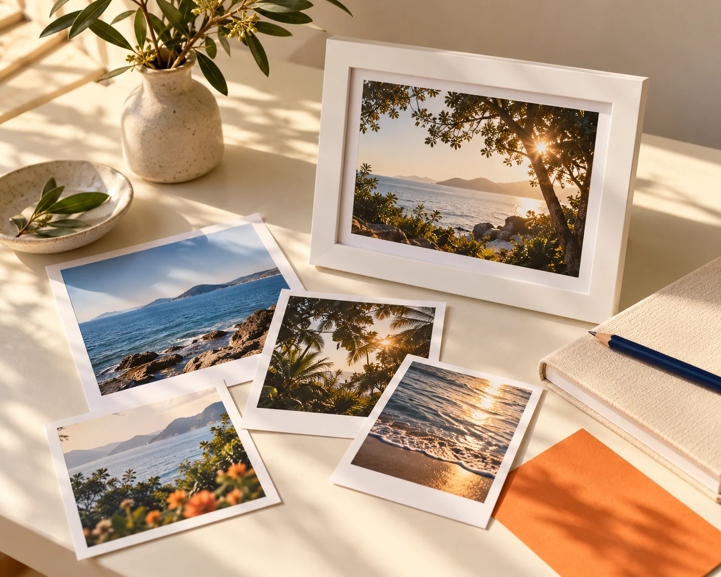 Composição ilustrativa de fotos impressas, moldura branca e caderno sob luz natural